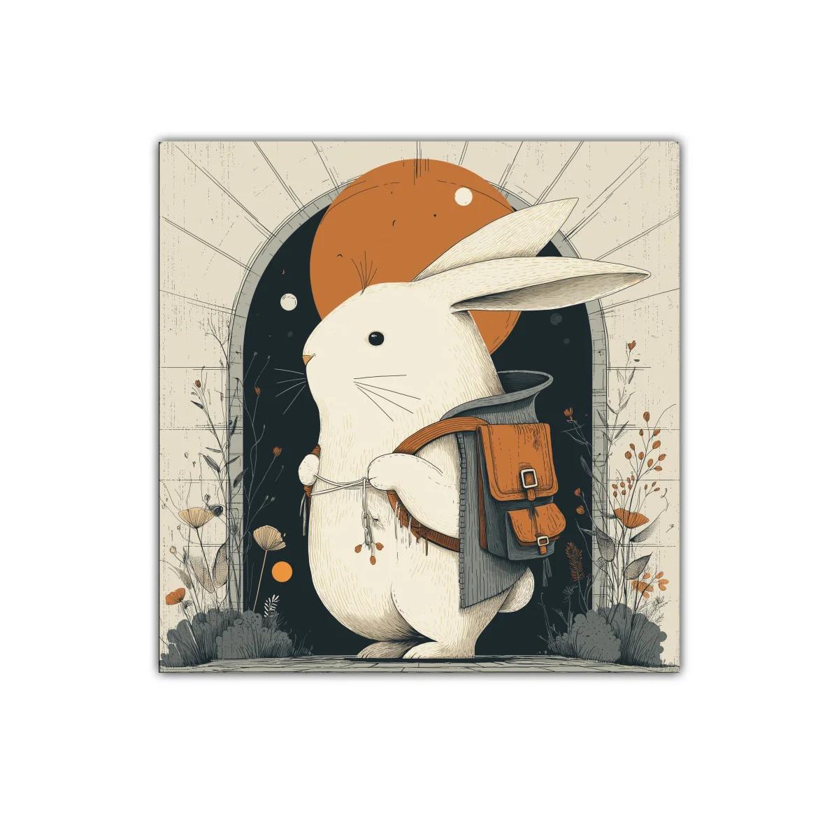 Conejo aventurero con mochila en tonos cálidos y neutros — imagen principal