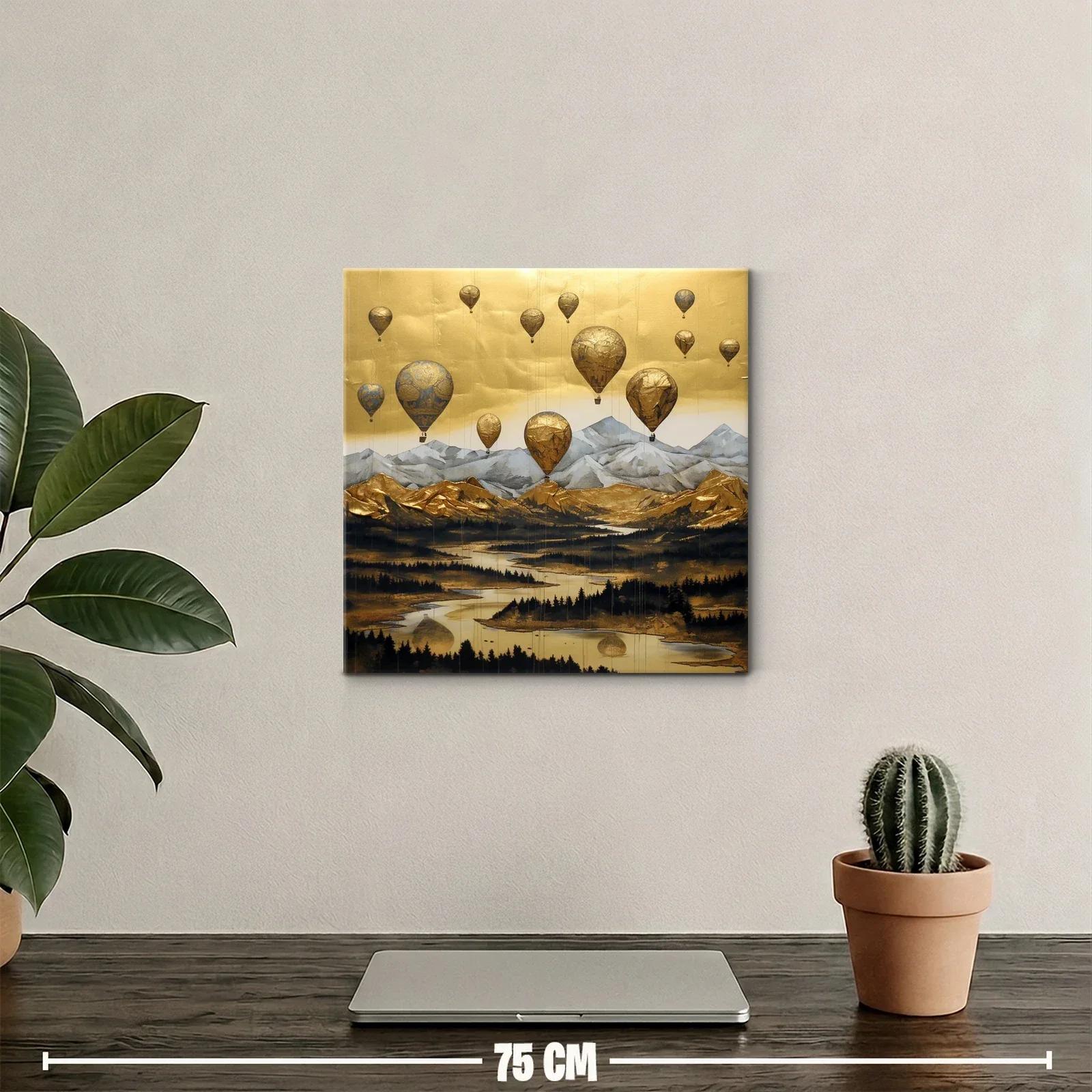 Paisaje dorado con globos aerostáticos sobre montañas — miniatura 2