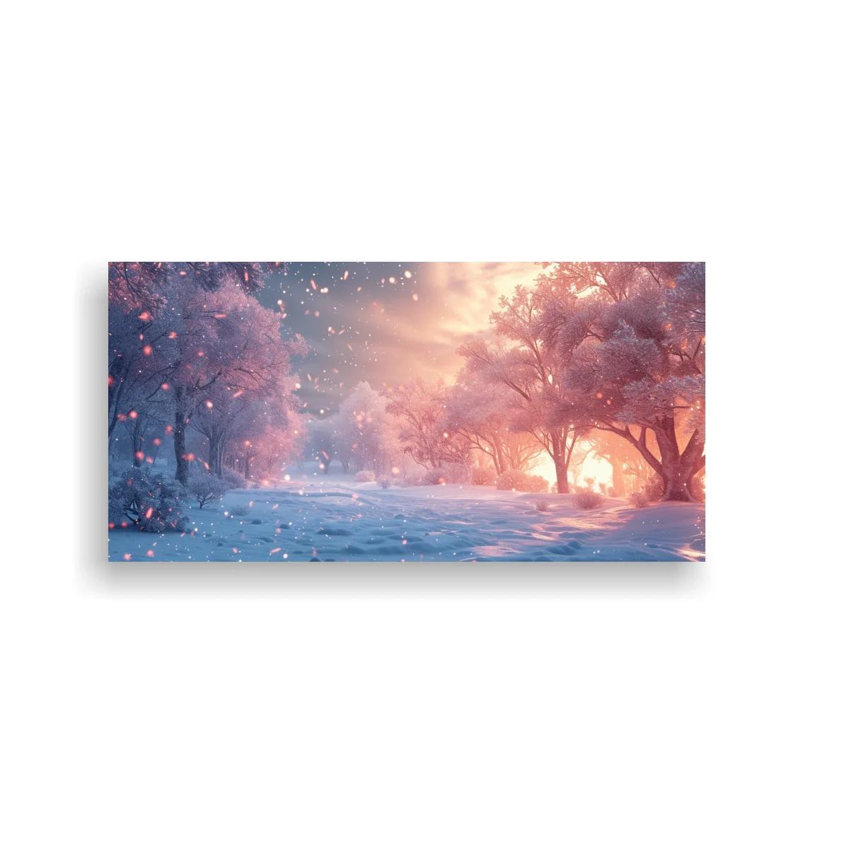 Cuadro bosque nevado al atardecer con copos brillantes