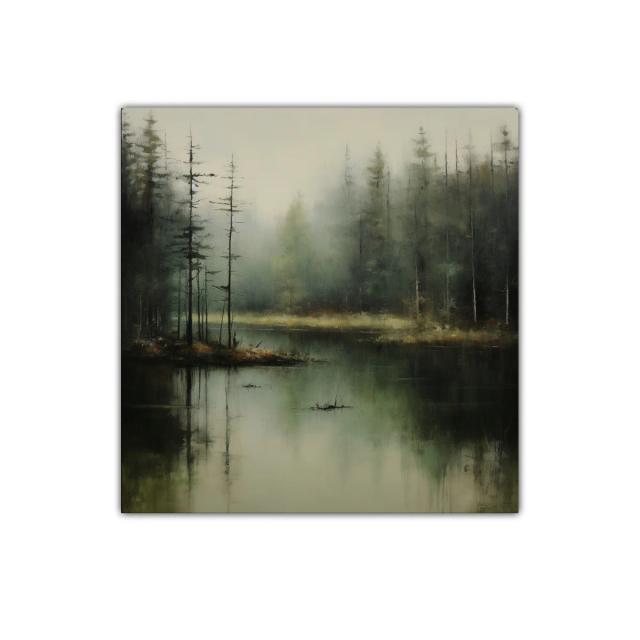 Paisaje brumoso de bosque junto al lago en tonos suaves