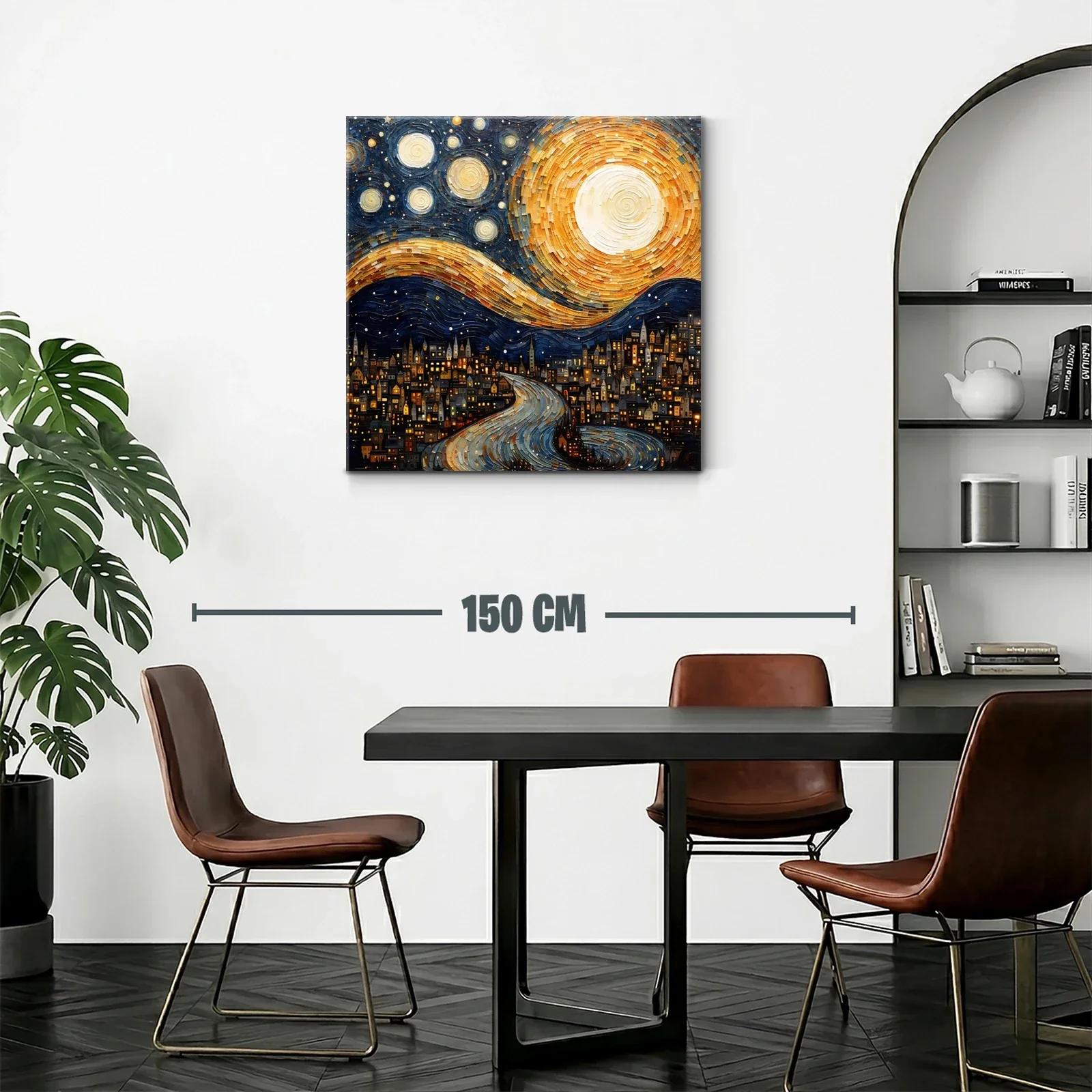 Paisaje nocturno con luna y estrellas sobre ciudad iluminada — miniatura 2