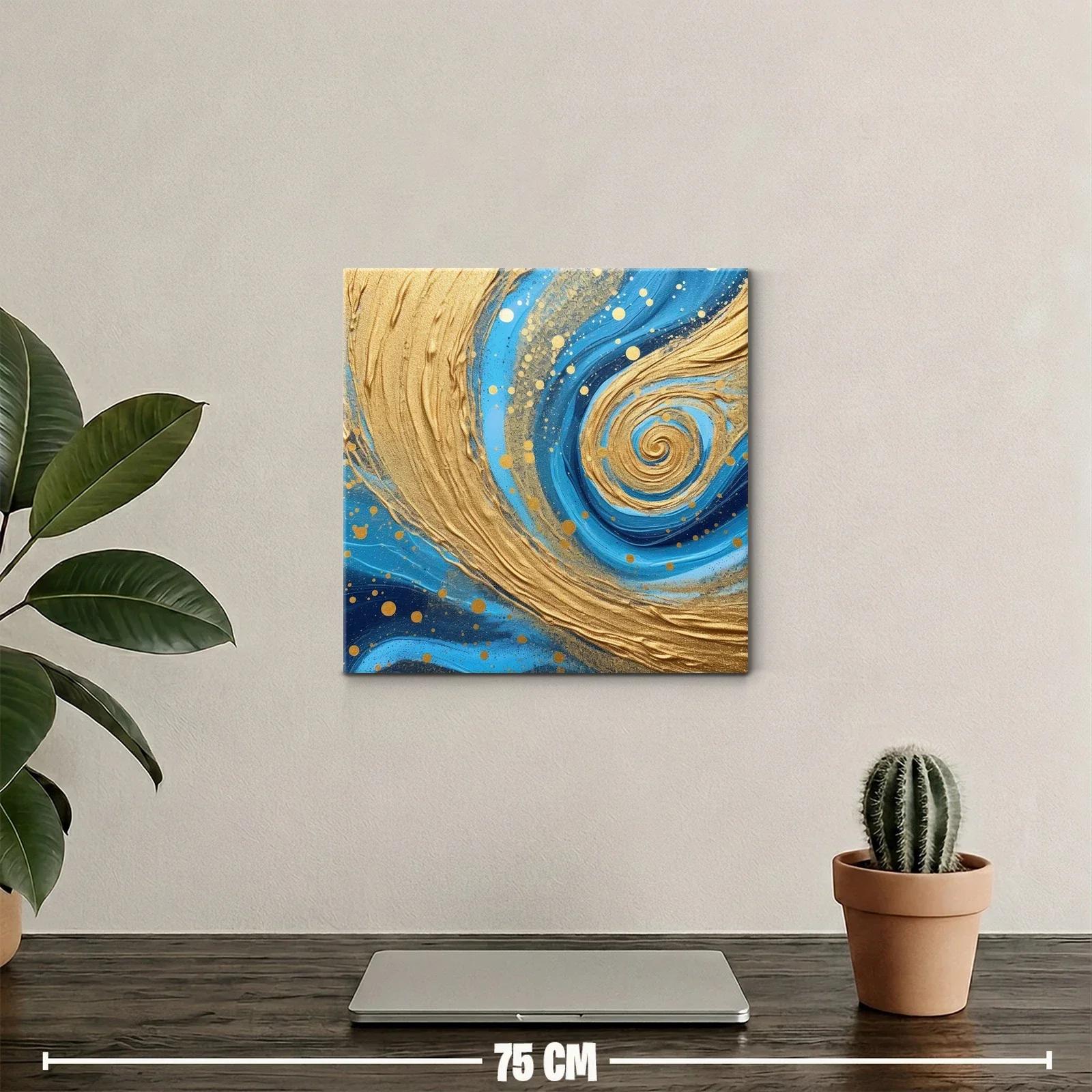 Cuadro abstracto con remolinos dorados y tonos azules — miniatura 2