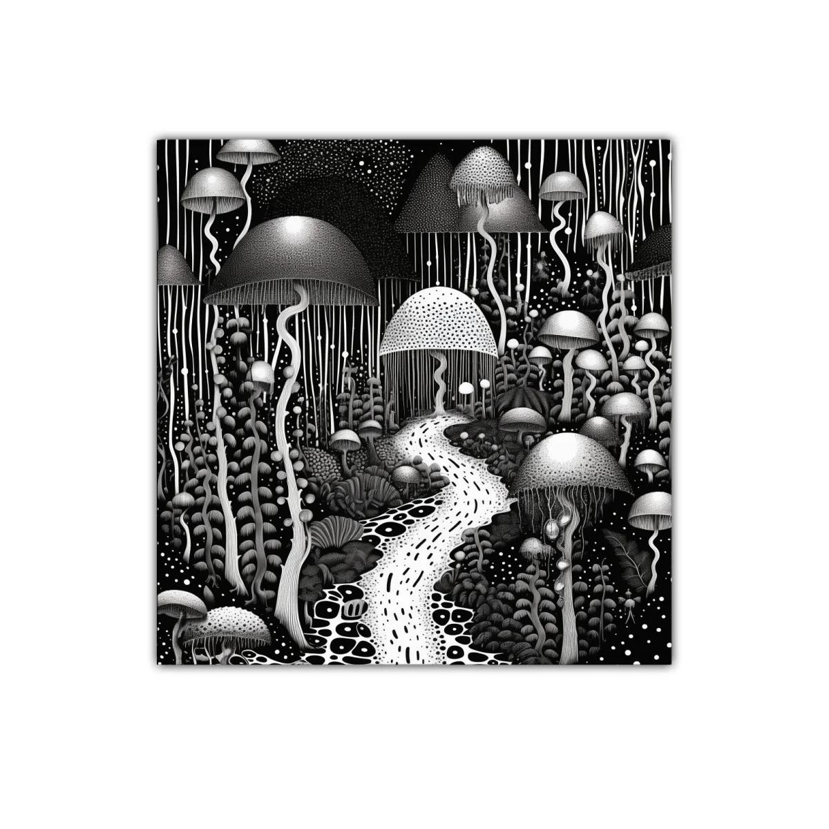 Bosque Onírico de Hongos en Blanco y Negro — imagen principal