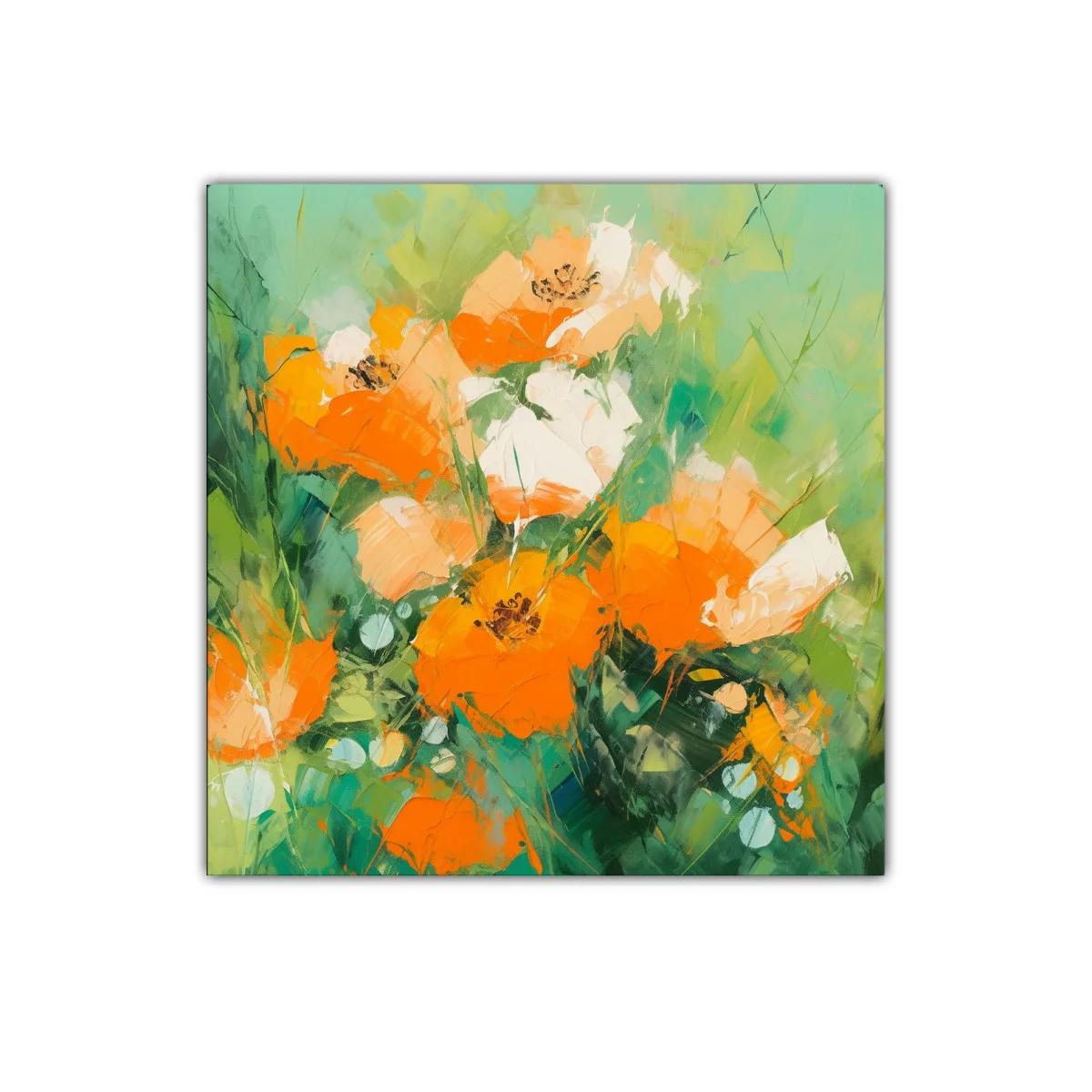 Cuadro decorativo flores vibrantes en tonos verdes y naranjas