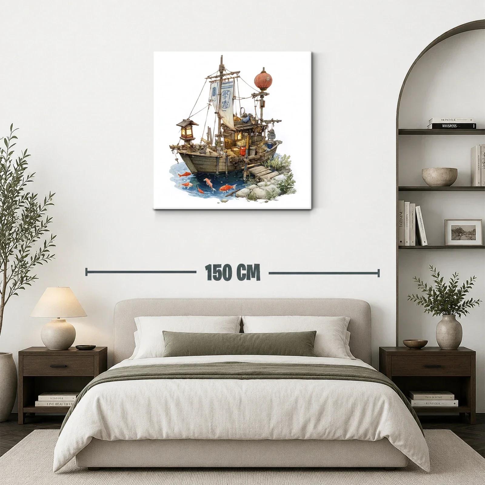 Barco tradicional con linternas y peces en agua tranquila — miniatura 3