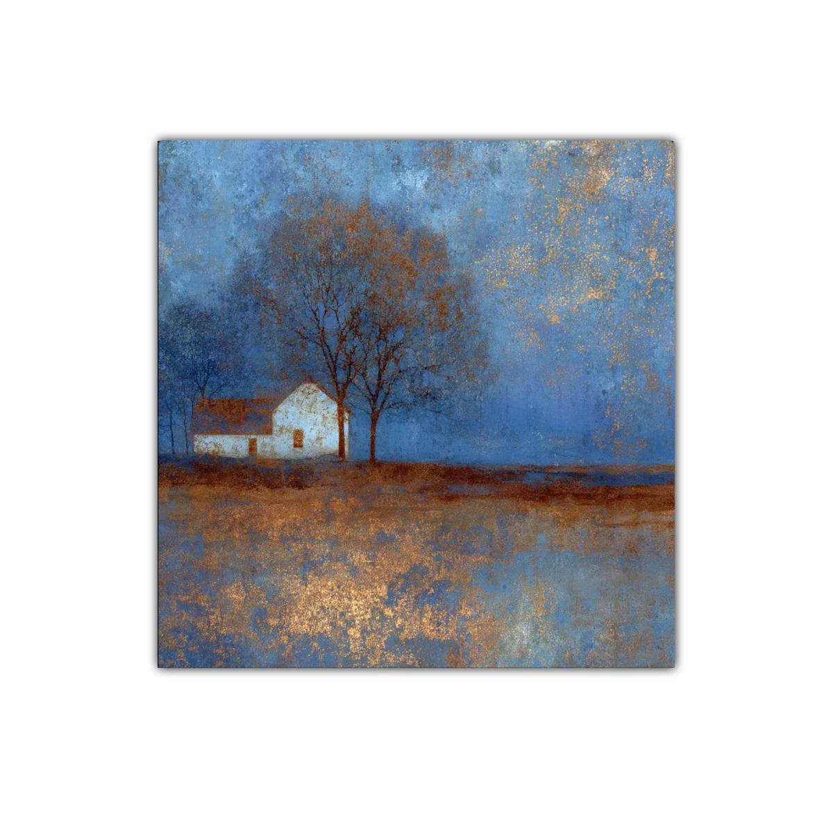 Paisaje sereno con casa y árboles en tonos azules y dorados
