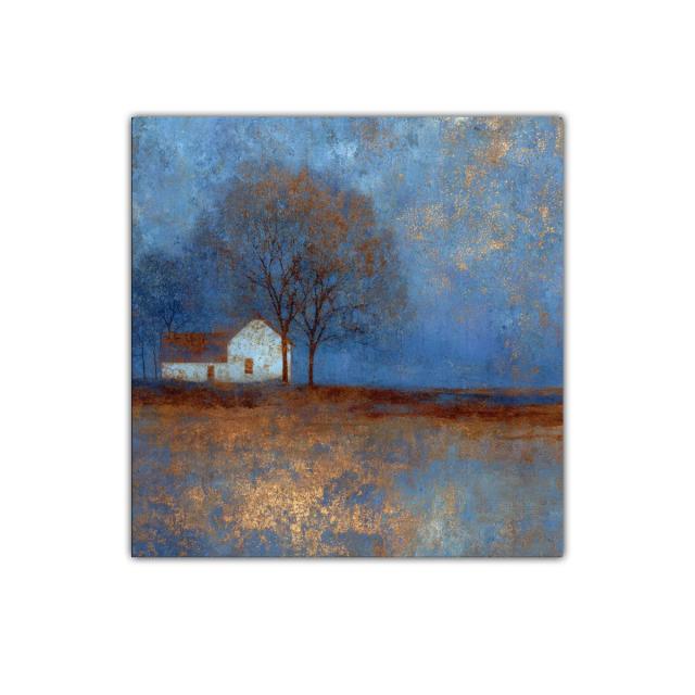 Paisaje sereno con casa y árboles en tonos azules y dorados