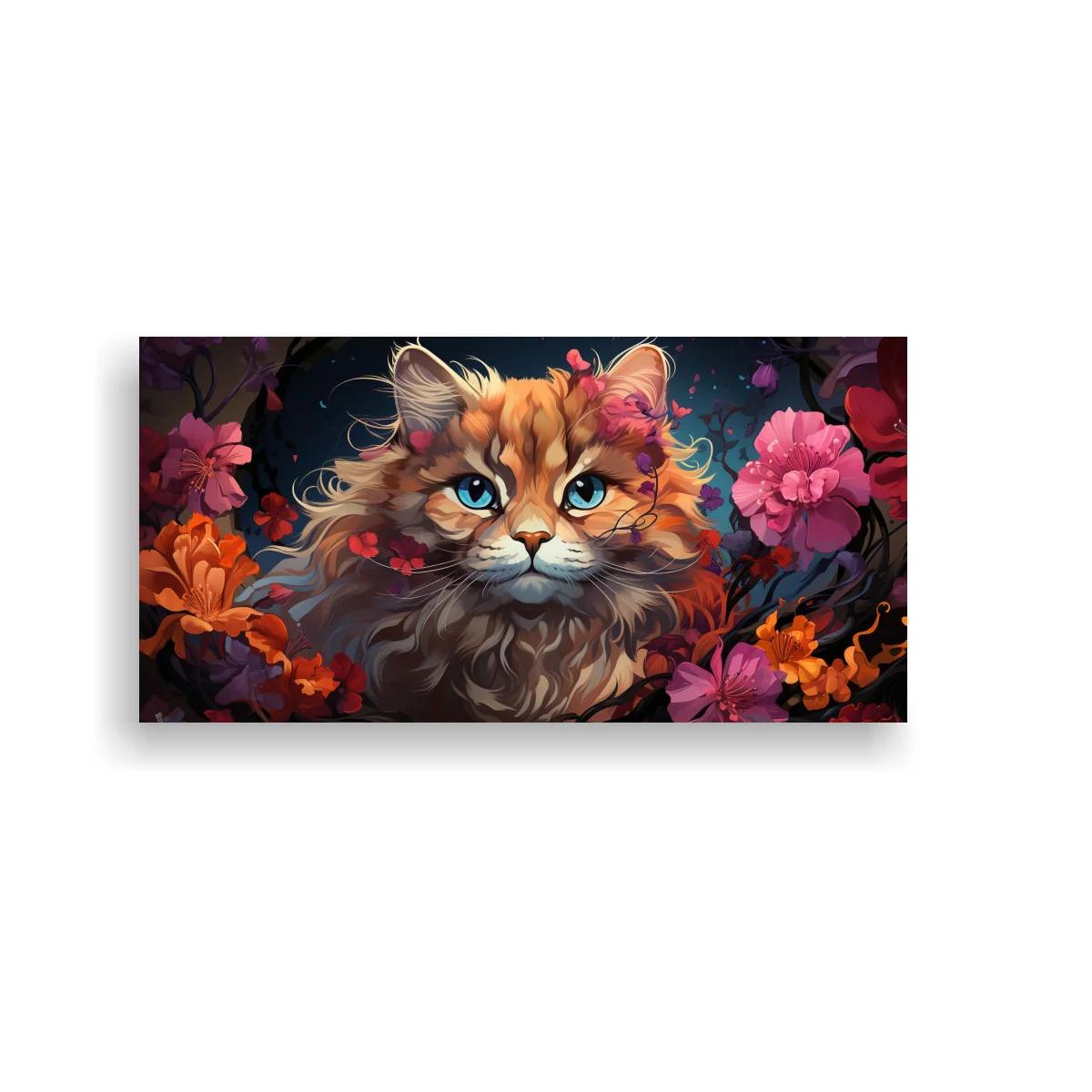 Cuadro gato pelirrojo de pelo largo entre flores rosas