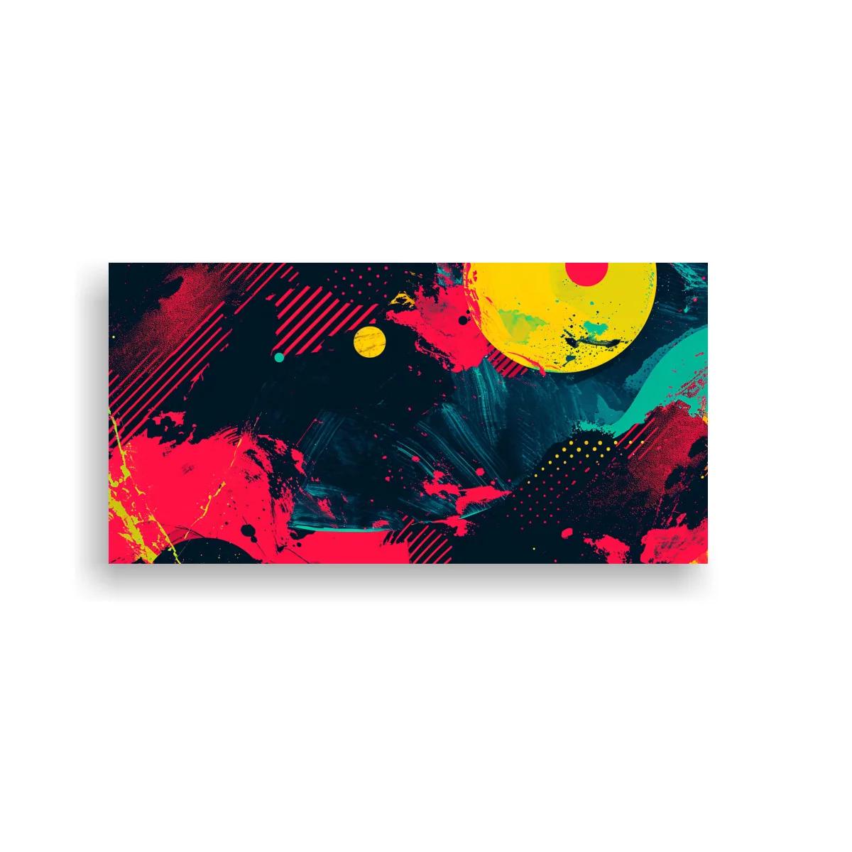 Cuadro abstracto de manchas y círculos sobre fondo oscuro