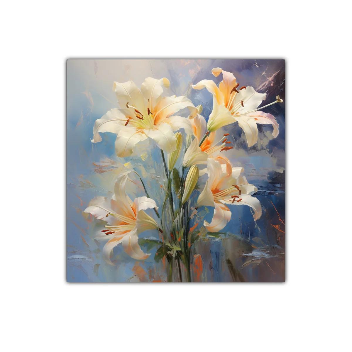Cuadro decorativo con flores de lirio en tonos suaves y cálidos