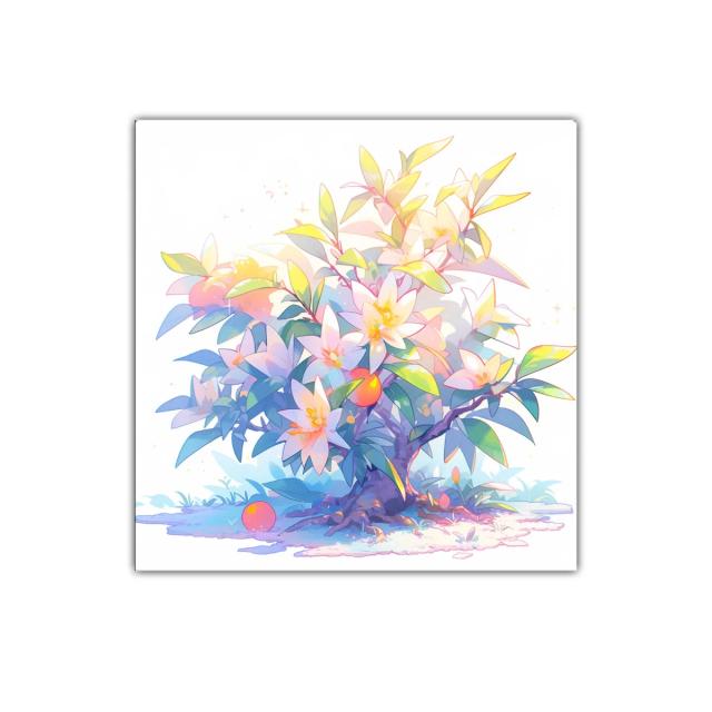 Cuadro de árbol floreciente con tonos pastel y naranjas