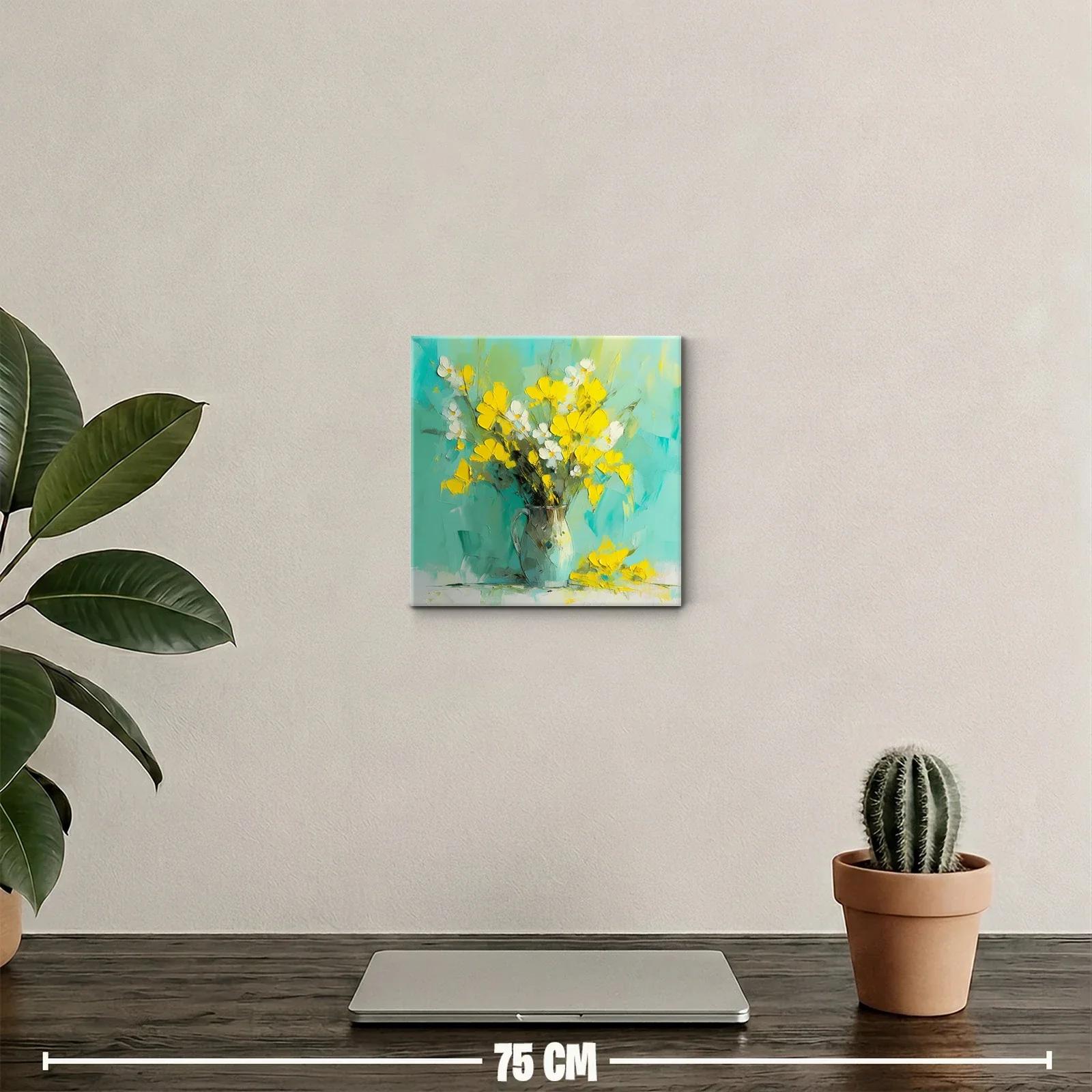 Cuadro flores amarillas sobre fondo turquesa vibrante — miniatura 2