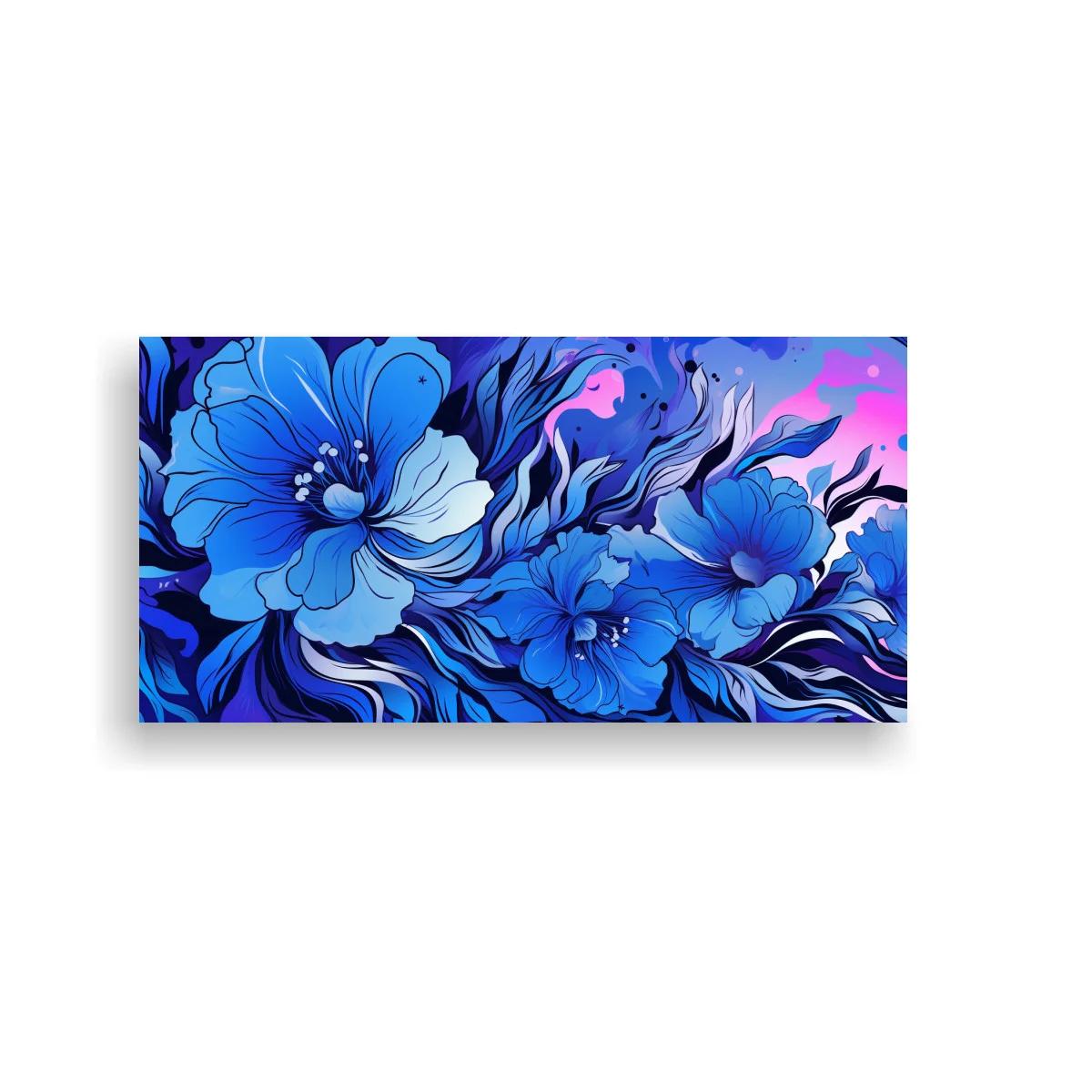 Cuadro flores azules tipo hibisco con follaje fluido