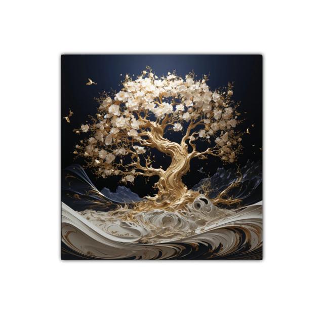 Árbol dorado con flores blancas sobre fondo oscuro