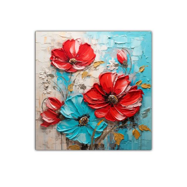 Cuadro decorativo con flores vibrantes en rojo y azul turquesa