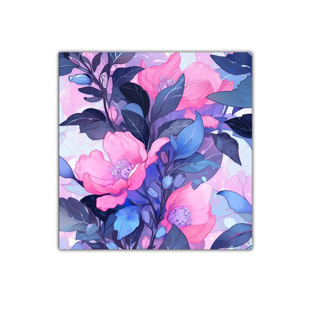 Cuadro floral con vibrantes tonos rosa y azul para decorar