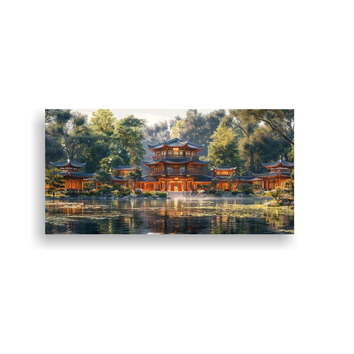 Cuadro templo oriental junto al lago con reflejo panorámico
