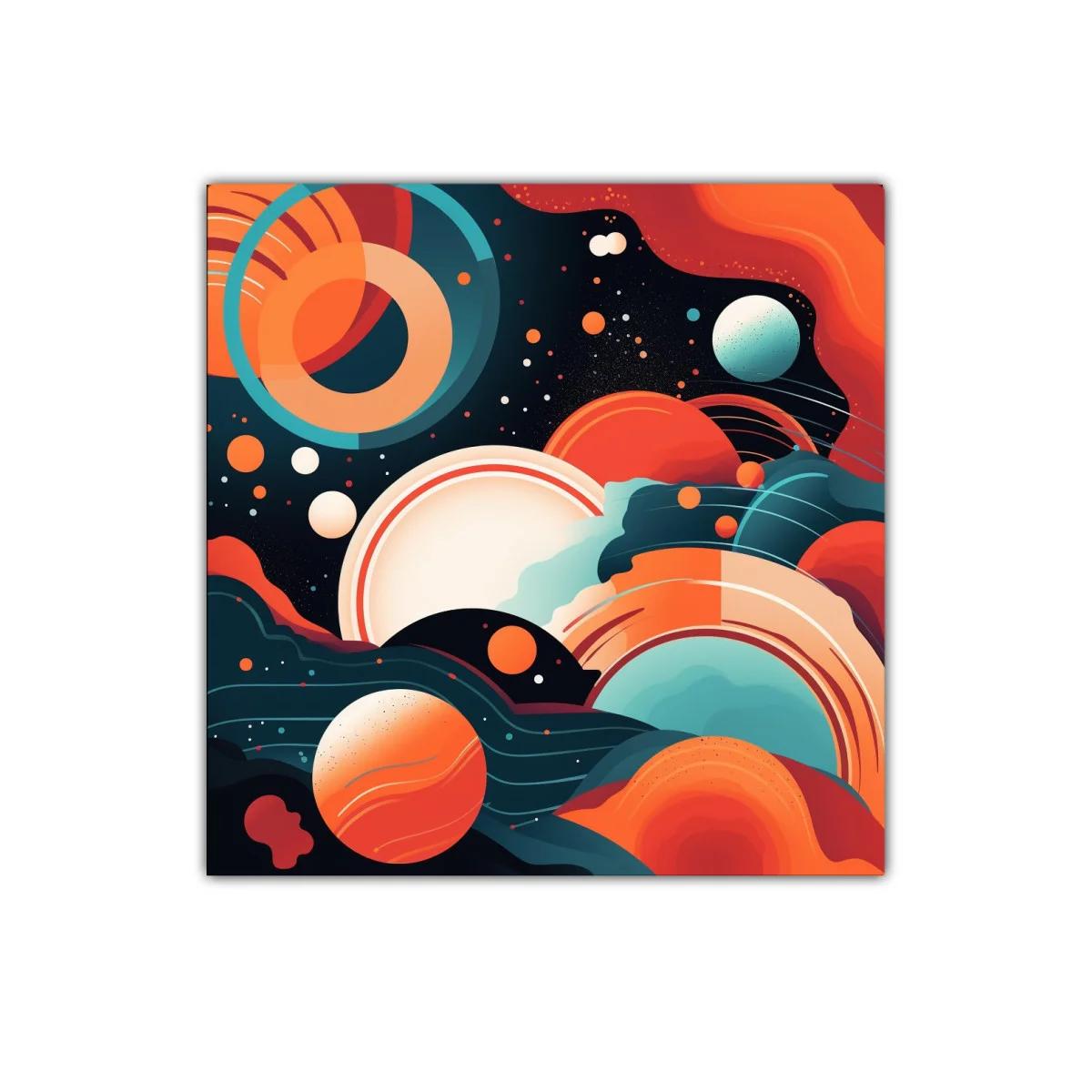 Composición abstracta con formas planetarias y colores vibrantes