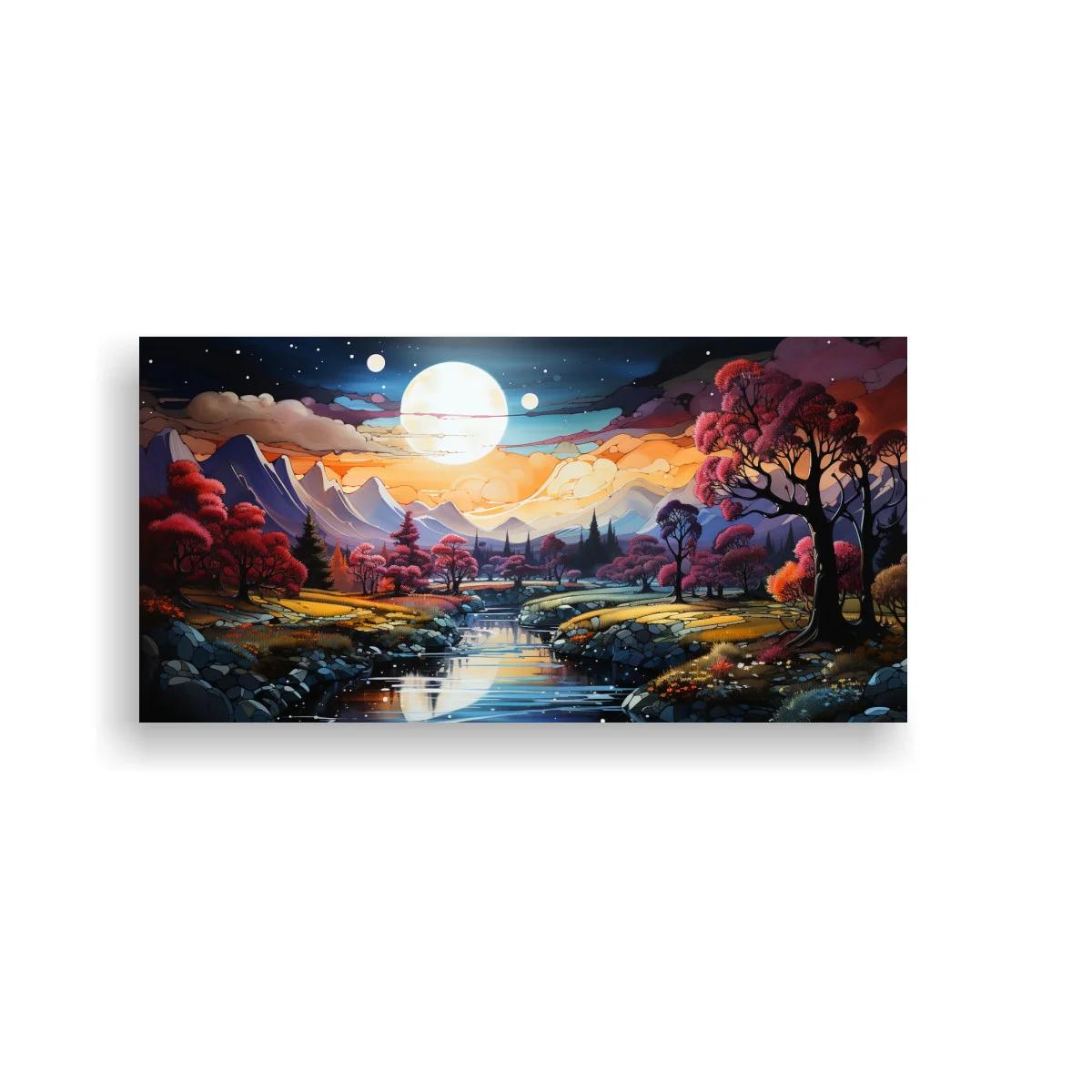 Cuadro paisaje de montaña con luna llena y río reflectante
