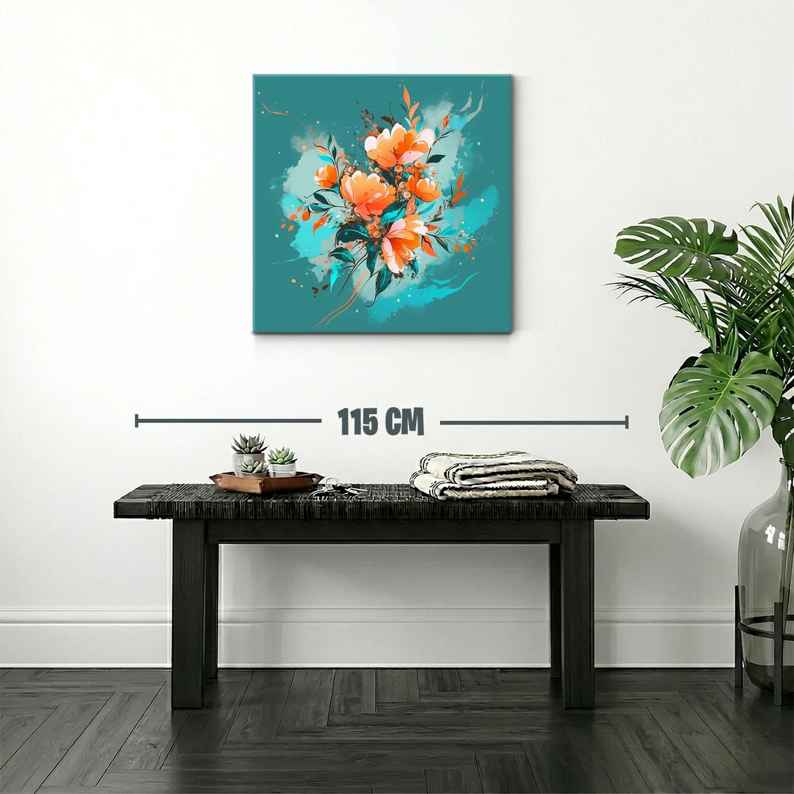 Cuadro Floral con tonos cálidos y fondo turquesa vibrante — miniatura 2