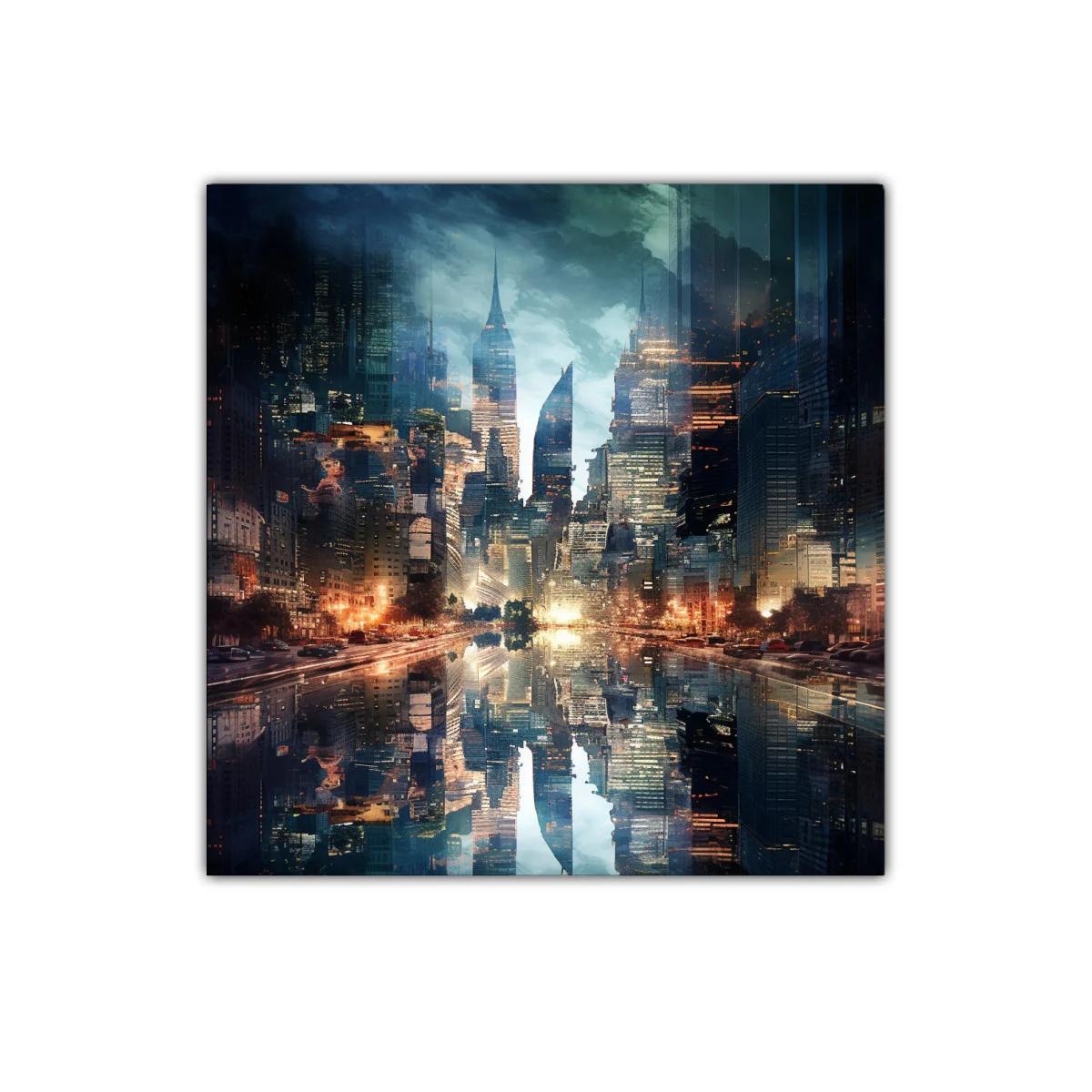 Ciudad futurista reflejada en agua con luces doradas y azules — imagen principal