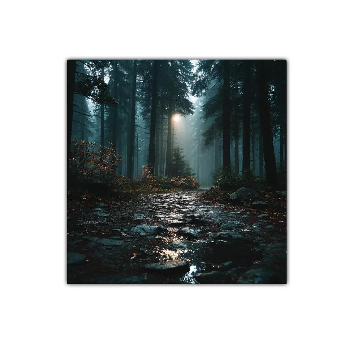 Camino nebuloso en bosque de coníferas al amanecer — imagen principal