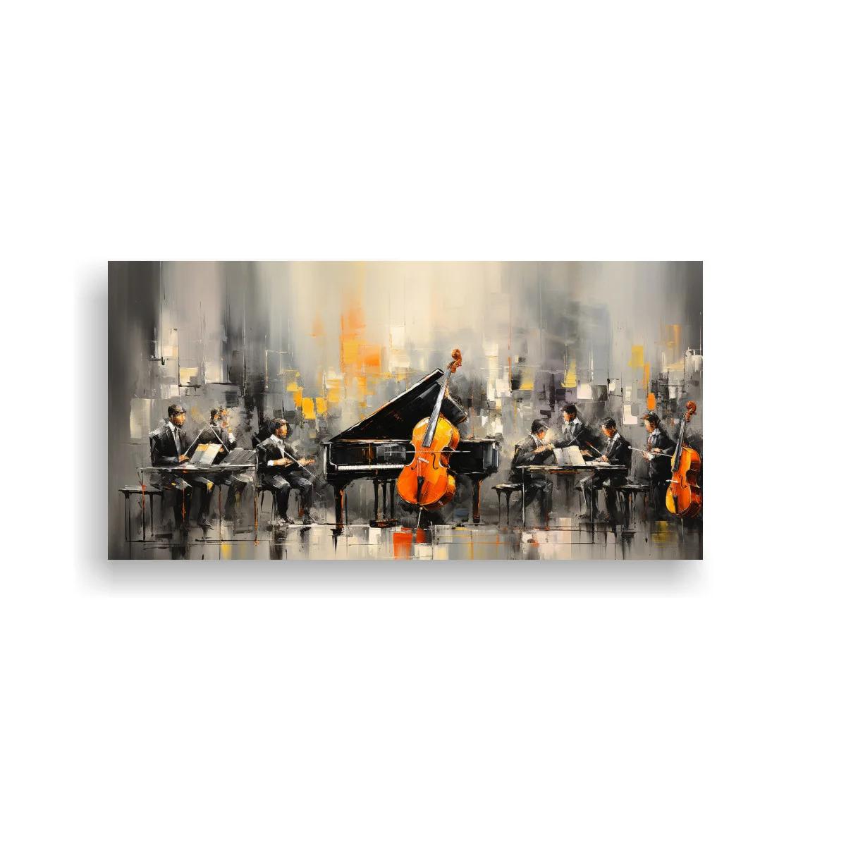 Cuadro orquesta con piano de cola y violonchelo