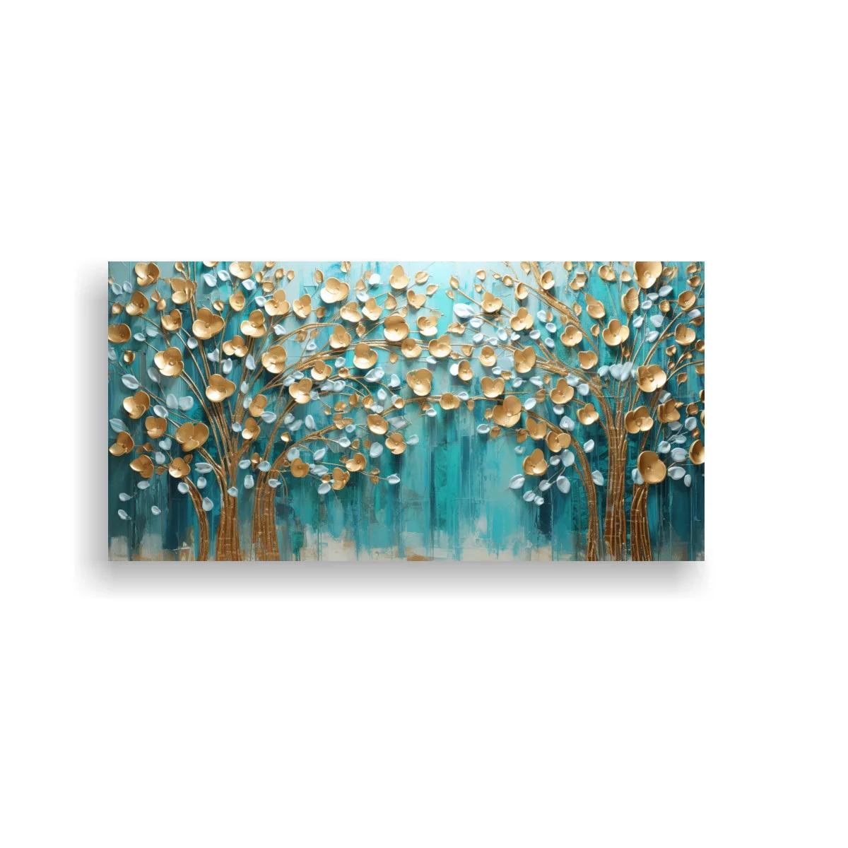 Cuadro bosque de hojas doradas con fondo turquesa — imagen principal