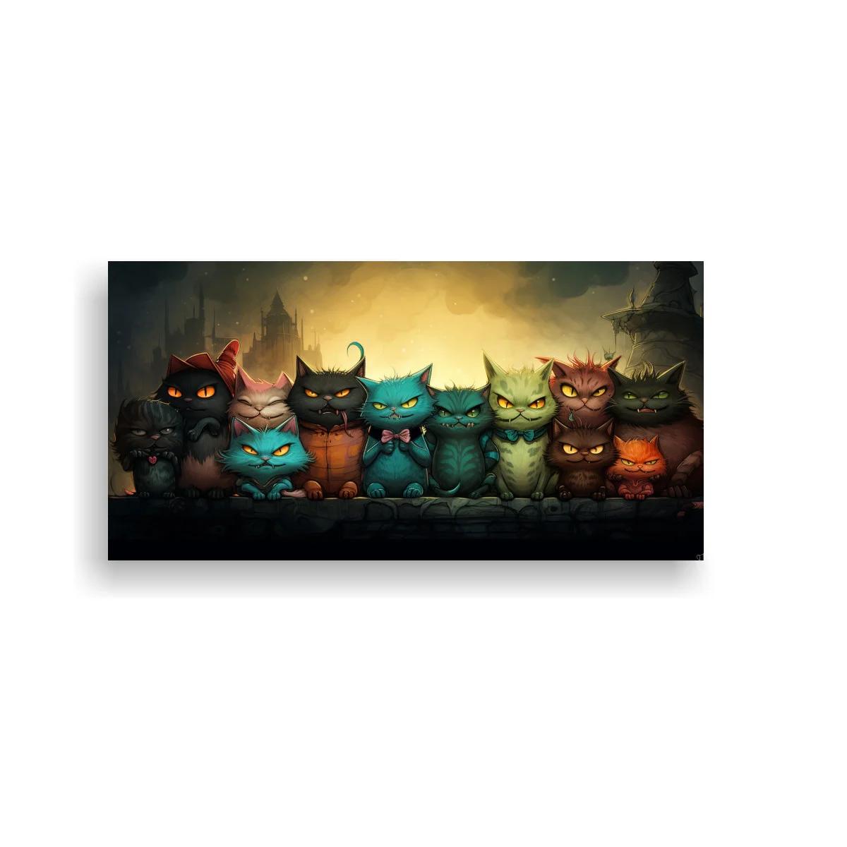 Cuadro fila de gatos sobre muro de piedra