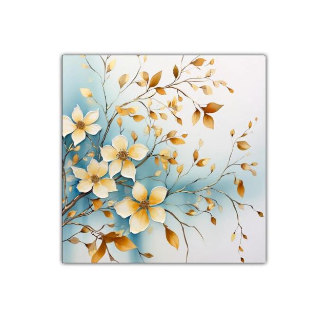Cuadro floral con delicados tonos dorados y azul celeste