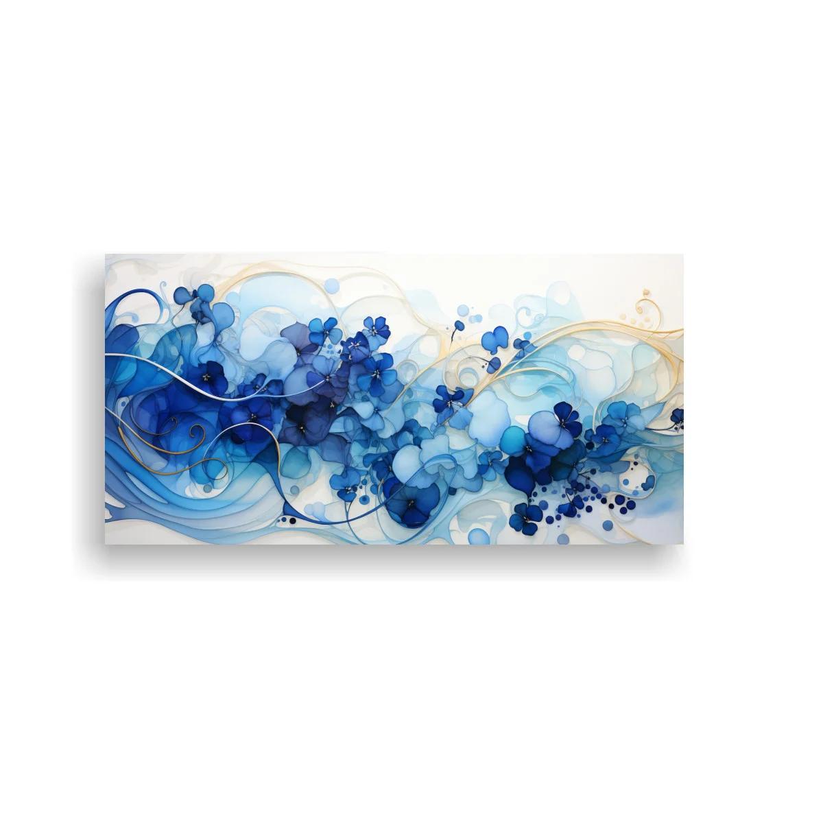 Cuadro flores azules con trazos dorados ondulantes