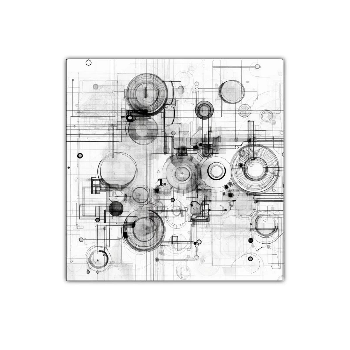 Composición abstracta en grises con formas circulares y líneas precisas — imagen principal
