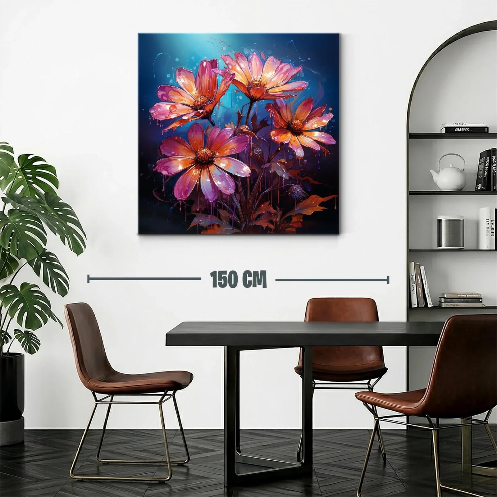 Cuadro floral vibrante con tonos cálidos y fondo azul oscuro — miniatura 2