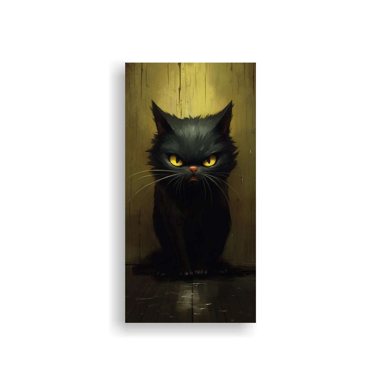 Cuadro gato negro de ojos amarillos y fondo envejecido