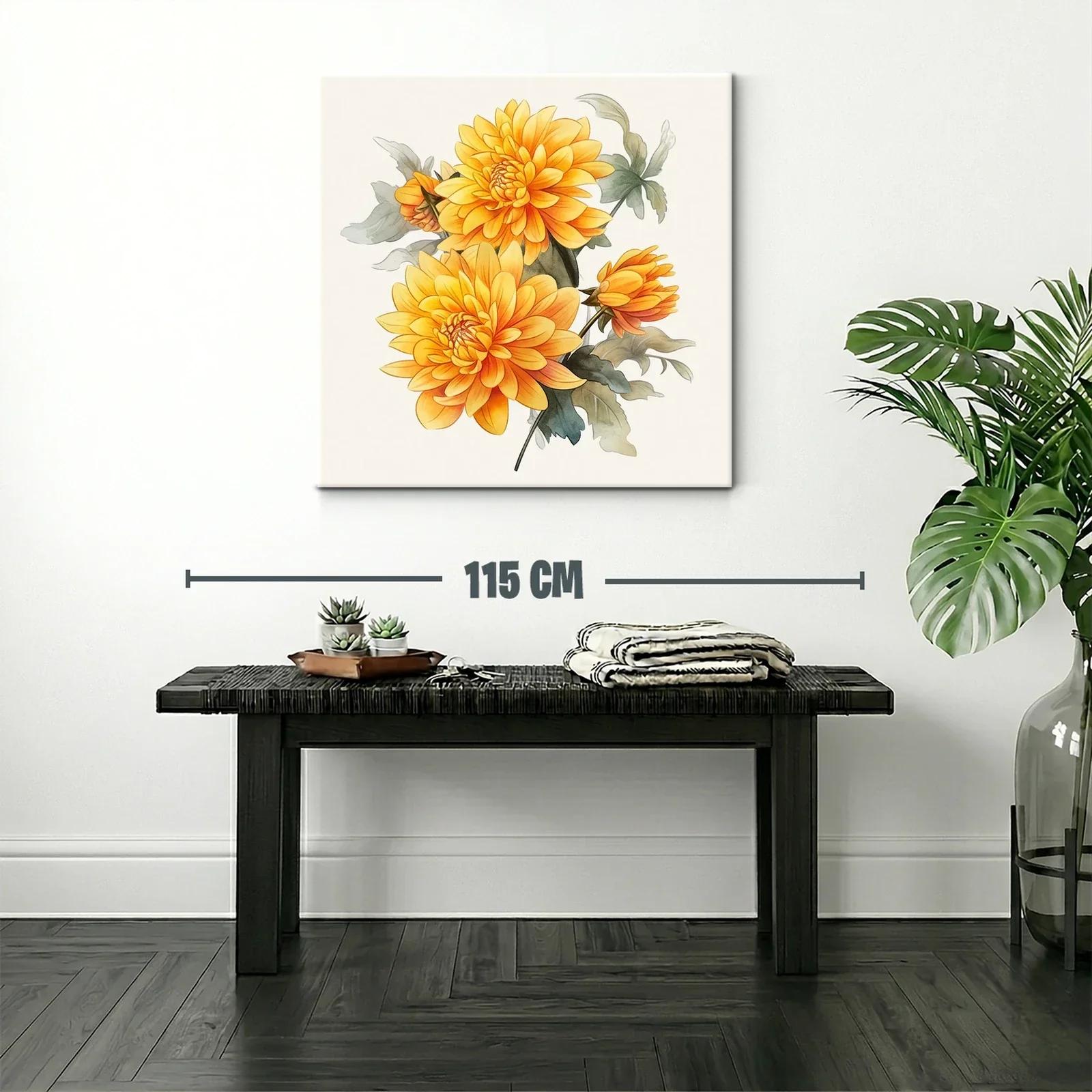 Cuadro floral con dalias en tonos cálidos y hojas verdes — miniatura 2
