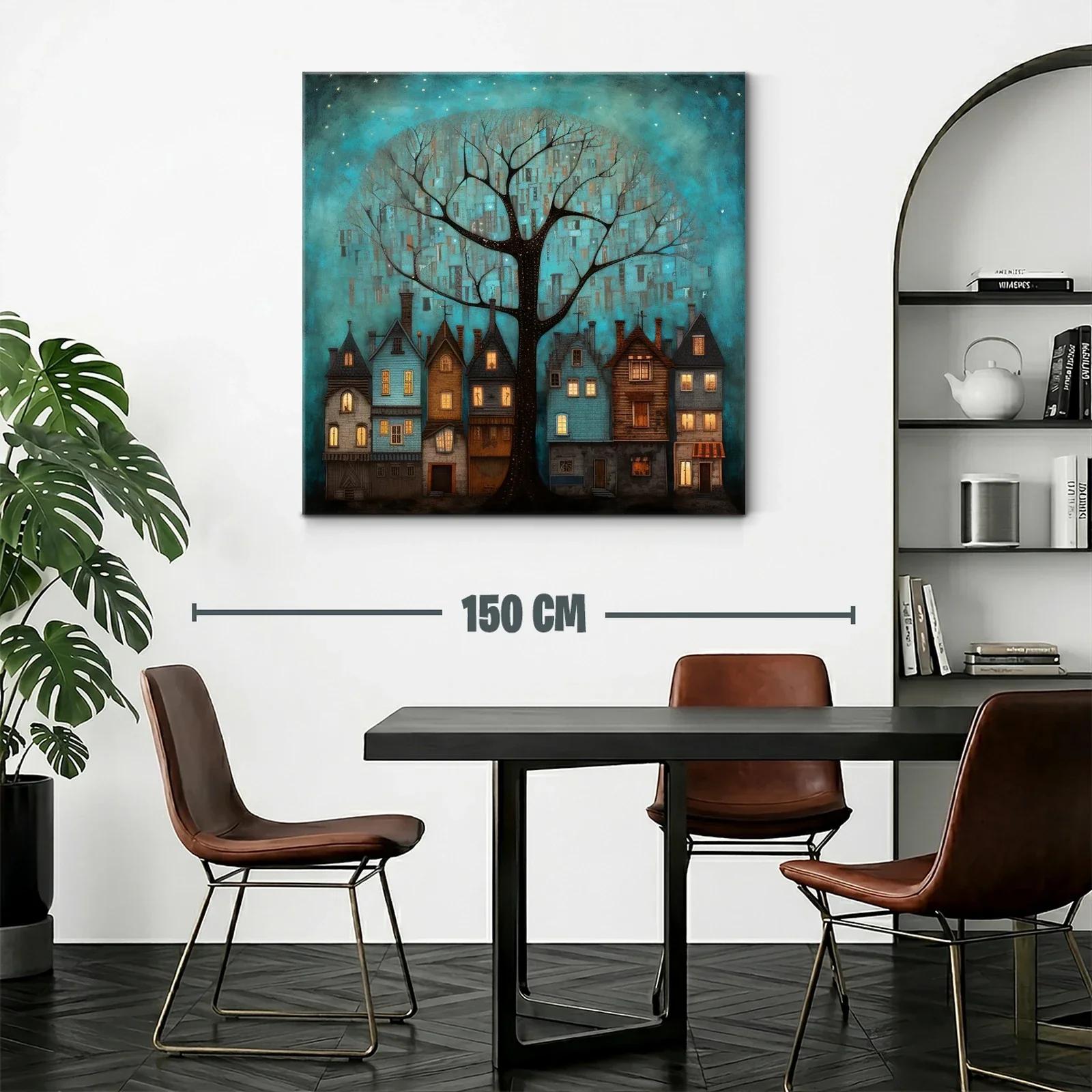 Encantador paisaje nocturno con casas y árbol iluminado — miniatura 2