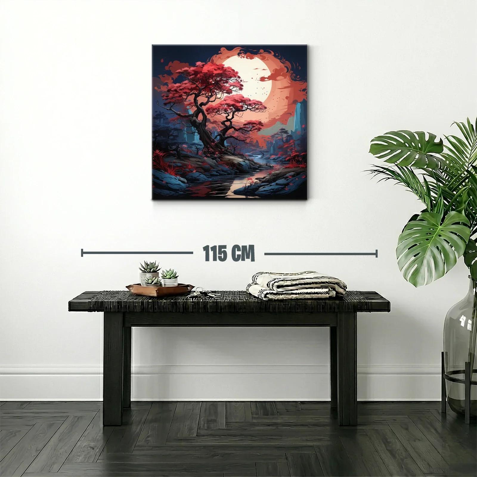 Paisaje mágico con árbol rojo bajo una luna enorme — miniatura 2