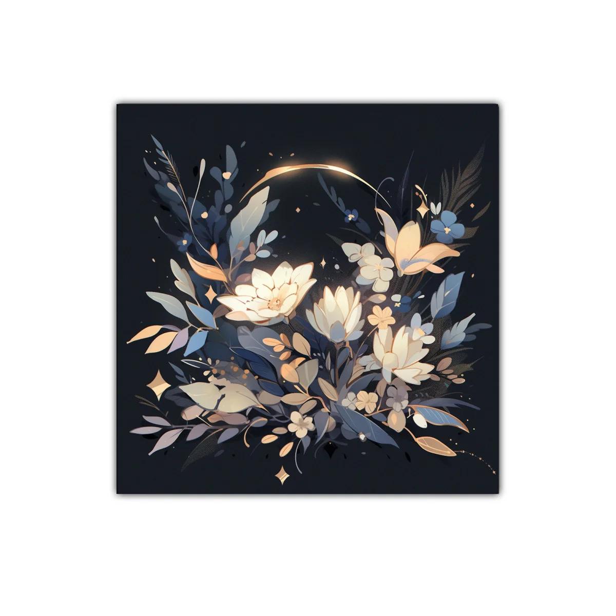Cuadro decorativo con ramo floral iluminado en tonos nocturnos