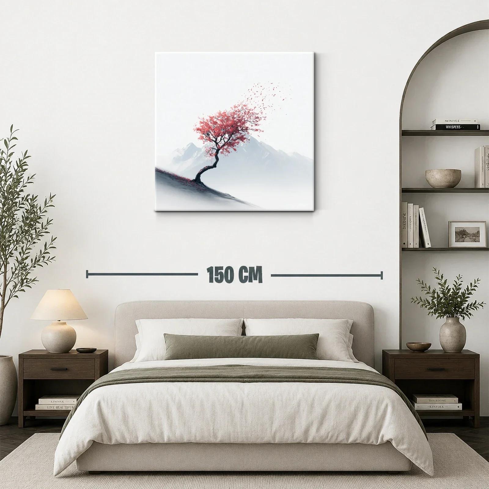 Árbol solitario con hojas rojas contra montañas — miniatura 3