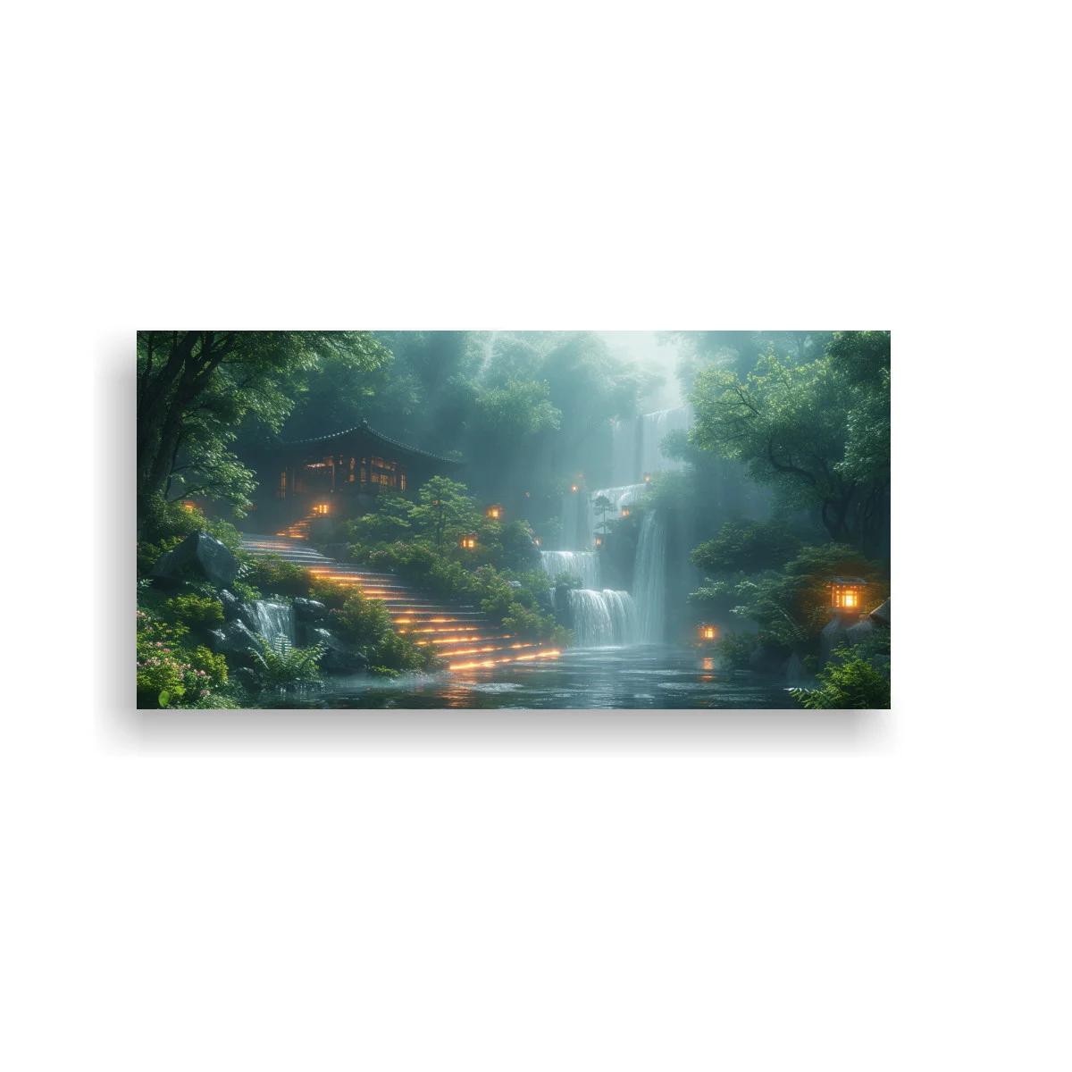 Cuadro cascada en un bosque con templo y luces cálidas