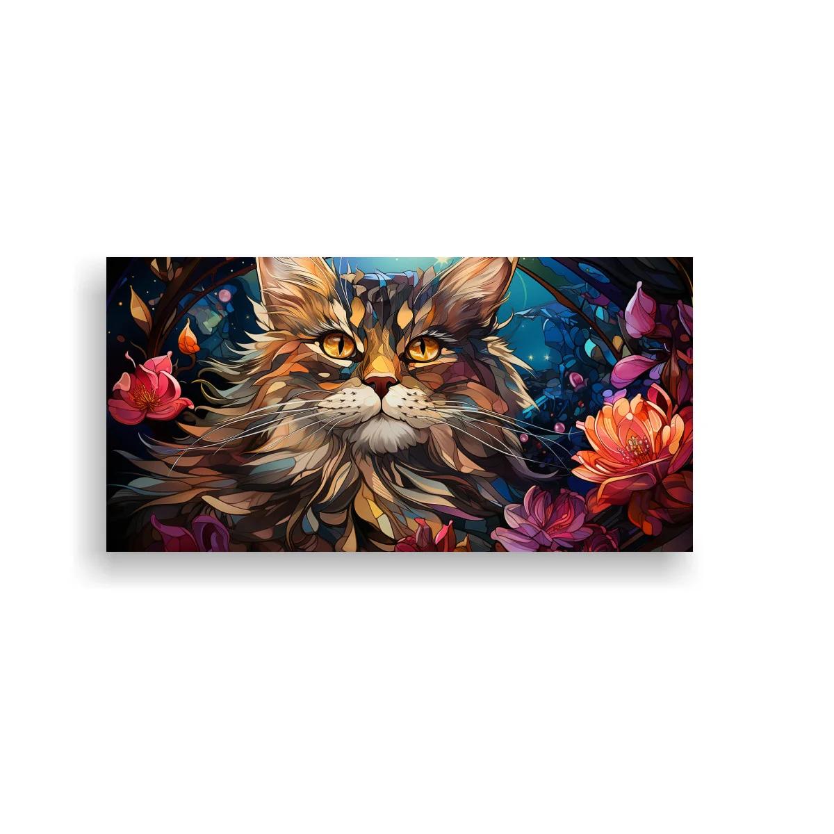Cuadro gato de pelo largo entre flores rosadas