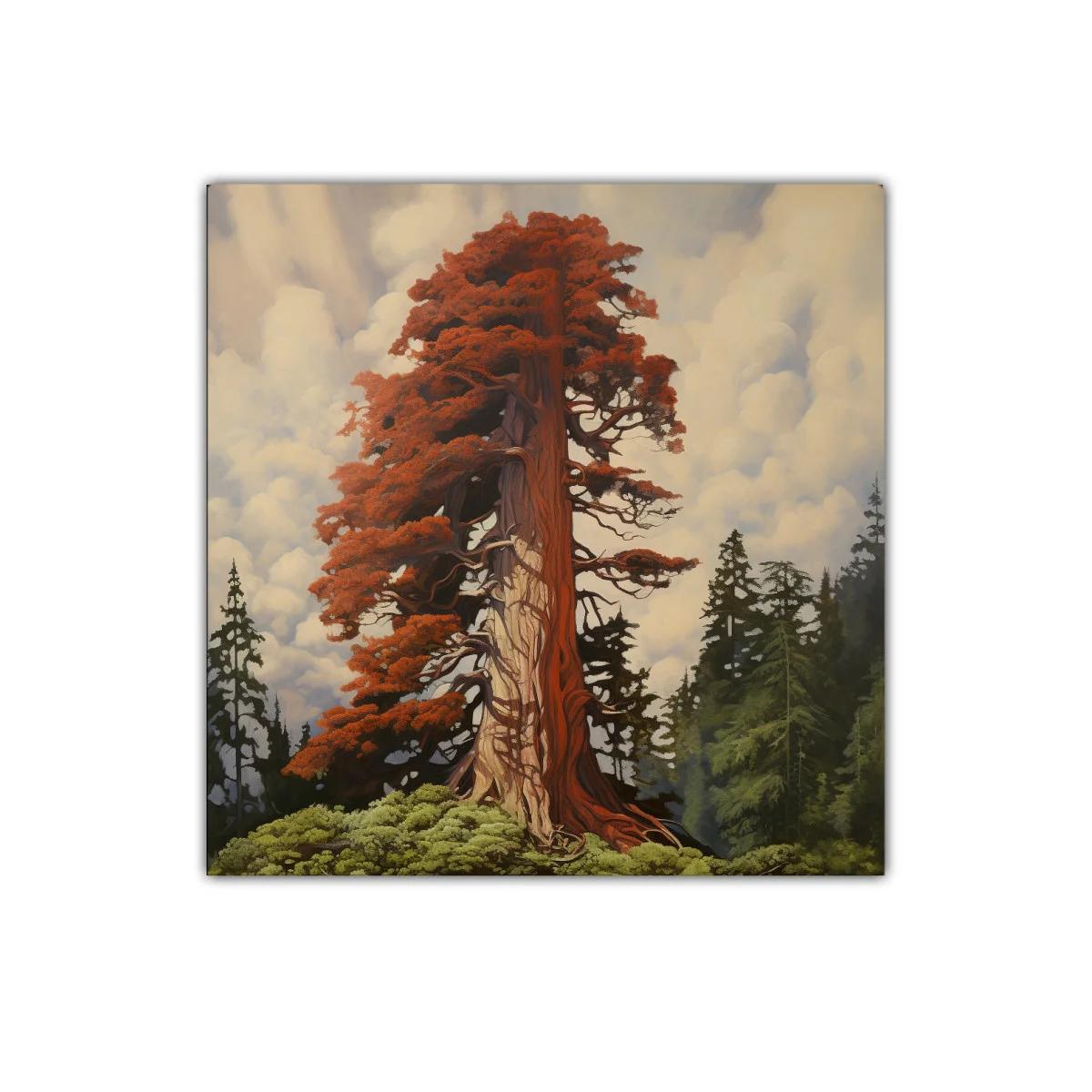 Imponente árbol rojizo entre bosque y cielo nublado — imagen principal