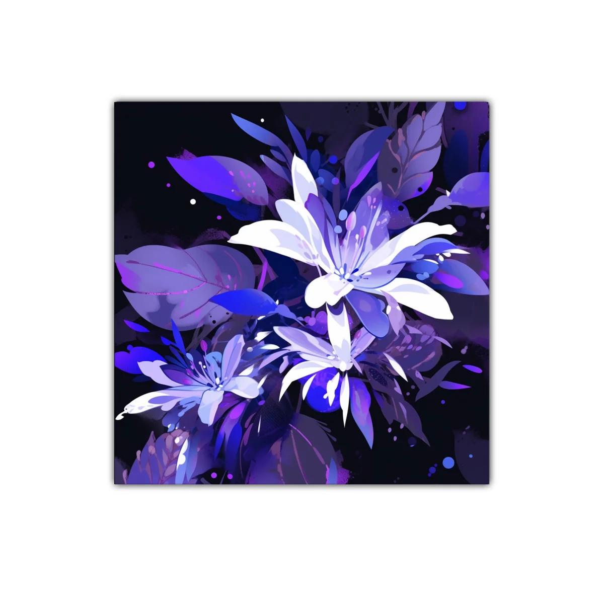 Cuadro con flores abstractas en tonos morados y azules
