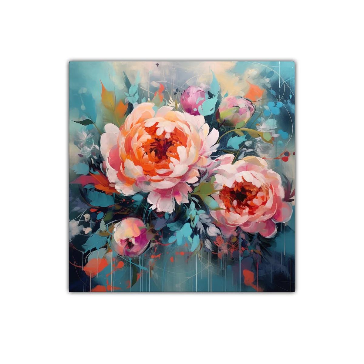 Cuadro floral con vibrantes peonías en tonos cálidos y fríos — imagen principal