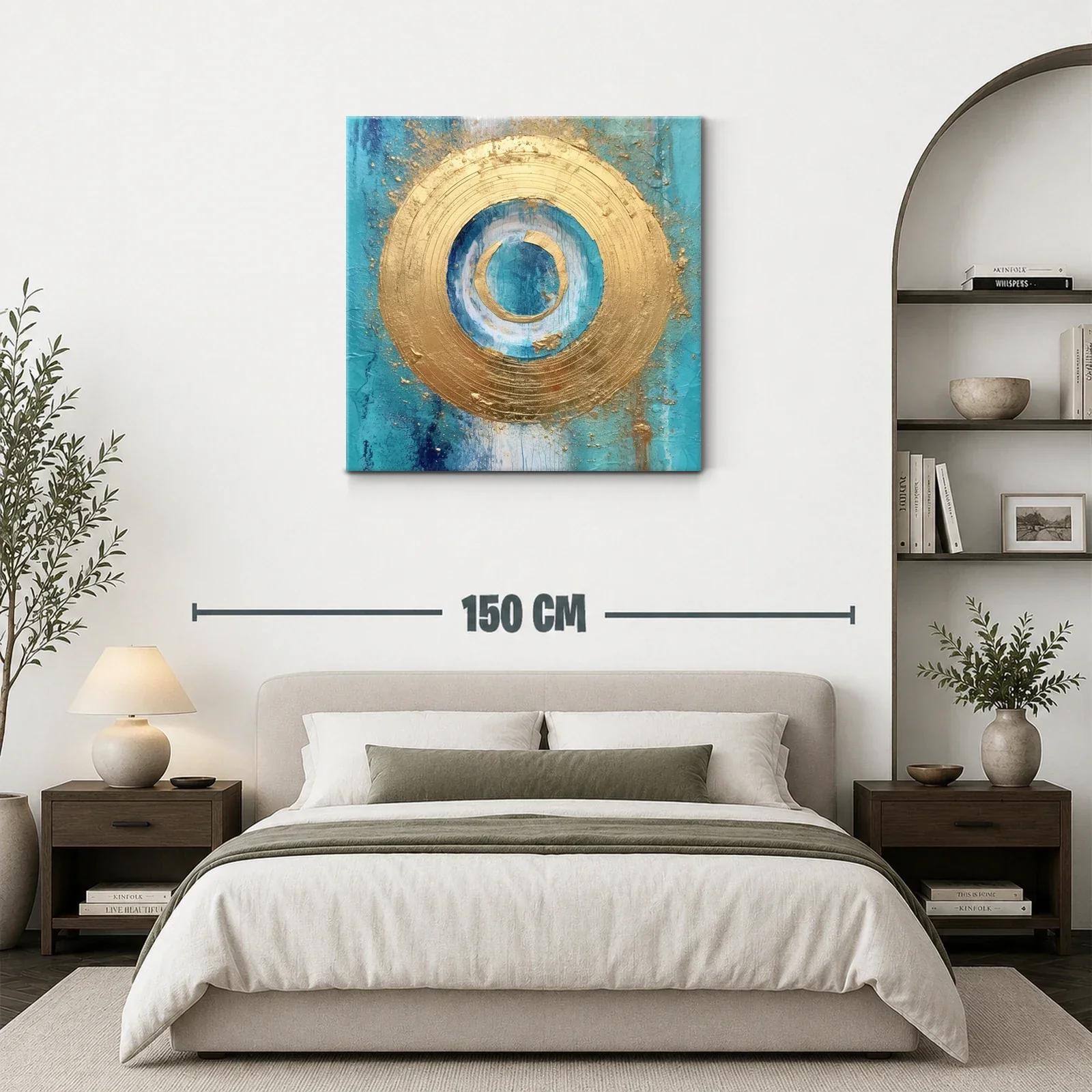 Cuadro abstracto con círculos dorados y fondo turquesa — miniatura 3