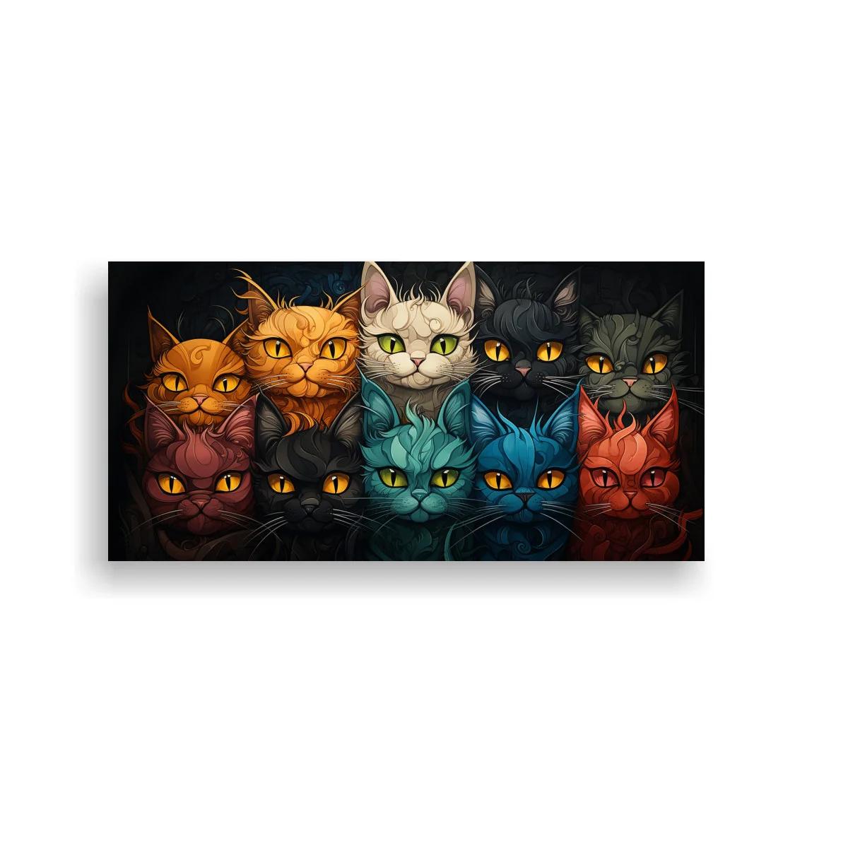 Cuadro grupo de gatos de colores con fondo oscuro
