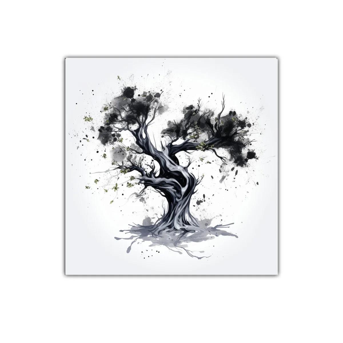 Árbol abstracto en tonos gris y negro con detalles verdes