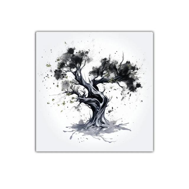 Árbol abstracto en tonos gris y negro con detalles verdes