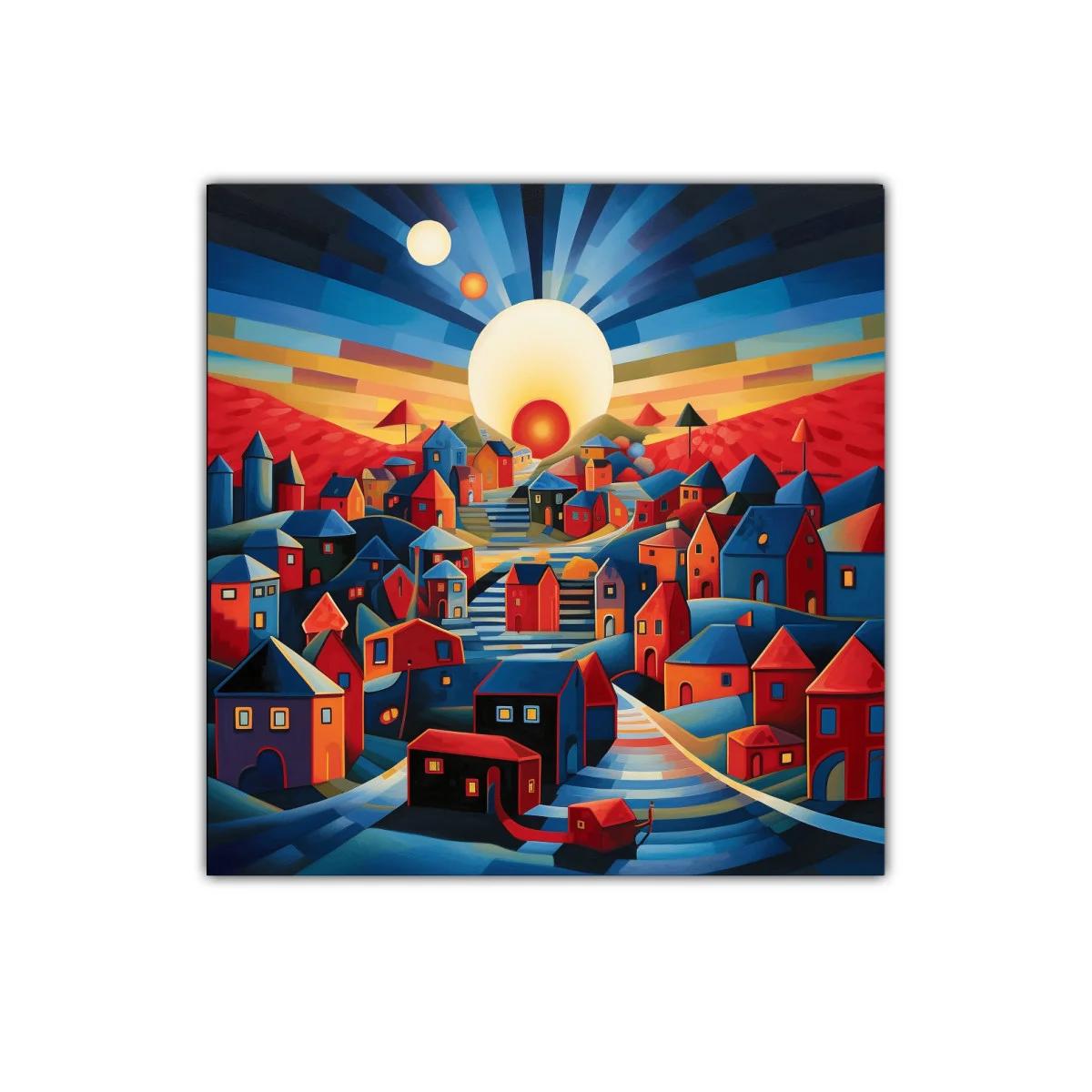 Pueblo al amanecer con luces cálidas y vibrantes