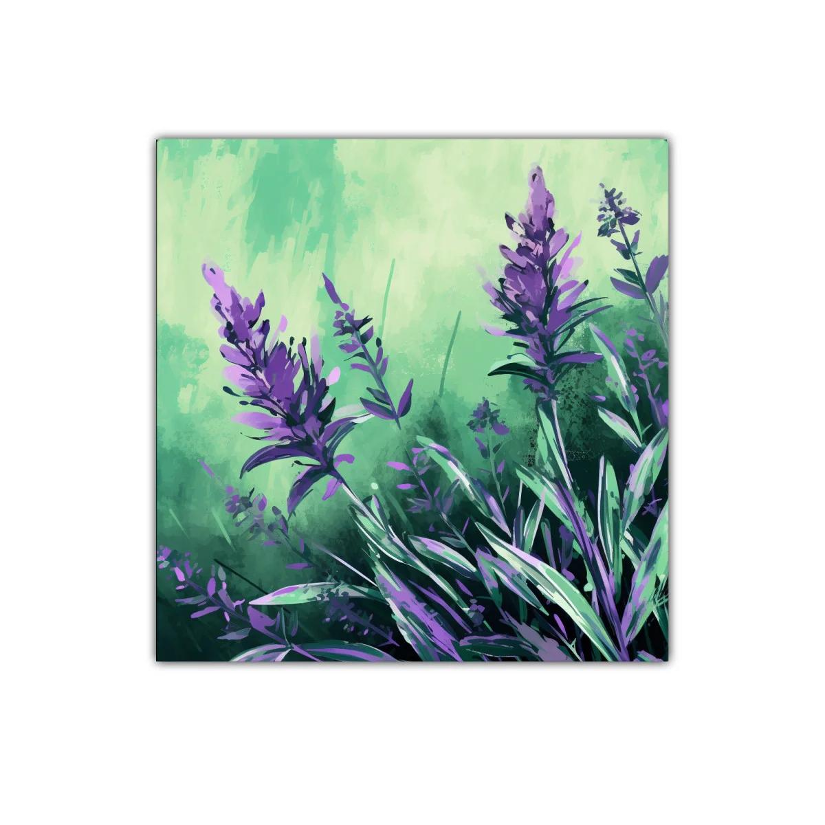 Cuadro decorativo de flores lavanda con fondo verde suave